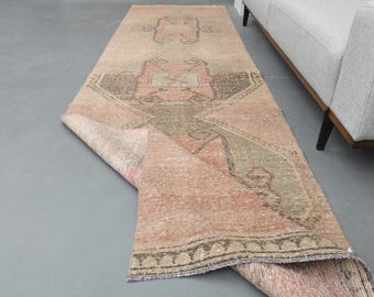 Alfombra de corredor vintage con decoración rústica de 1,0 x 3,5 m, para cocina, color rosa y naranja descolorido, lavable, turca, Oushak
