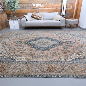 9&#39;4x12&#39;8 ft, PERSIAN VINTAGE RUG, Oushak Area Rug, Handmade Wool Rug, Orange Blue Rug, Home Decor, Boho Decor, Living Room Rug, Star Rug