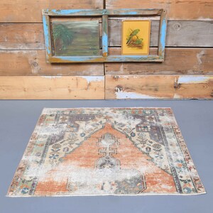 3&#39;3 x 3&#39;9 Ft Turkish Vintage Oushak Rugs, Door Mat, Handmade Wool Distressed Rug, Orange Rug, One-of-a-Kind, Small Rug, 3x4 Rug, Gift Rug