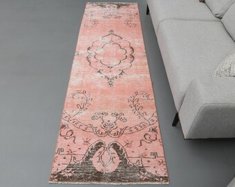 2.5x8.2 Ft Handmade Vintage Wool Rug, Turkish Runner, Oushak Runner, Hallway Rug, Entryway Rug, 2x8 Rug, Pink Runner, Shabby Chic, Decor