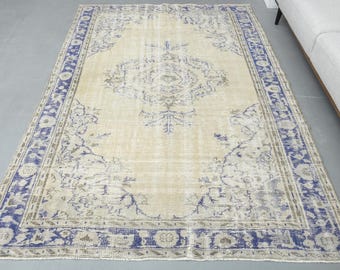 5'9x8'5 ft, VINTAGE TURKISH RUG, Oushak Rug, Wool Rug, Handmade Rug, Area Rug, Large Rug, Beige Blue Rug, Rugs For Living Room, Home Decor