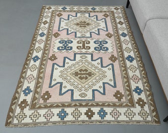 ALFOMBRA VINTAGE COLORIDA DE 4,3 x 6,2 pulgadas, Rosa, Azul y Beige, Decoración de lujo, Alfombra hecha a mano, Alfombra de lana, Alfombra Oushak de 4 x 6 pulgadas, Alfombra de regalo, Alfombra minimalista, Alfombra de área