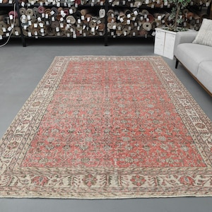 7 x 11 Ft Area Rug for Living Room, Oversized Rug, 7x11 Rug, Turkish Area Rug, Vintage Rug, Home Decor, Pink Beige Rug, Carpet, Floor Rug