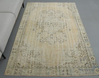 5x8 Neutral Vintage Turkisk Matta, Oushak Matta, Vardagsrumsmatta, Sovrumsmatta, Ullmatta, Stor Matta, Boho, Heminredning, Blekt Matta