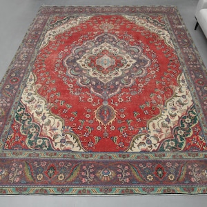 10x13 SHABBY DECOR PERSIAN Area Rug, Vintage Rug, Handmade Rug, Wool Rug, Living Room Rug, Red Blue Color, Antique Rug, Floral, 9&#39;5x12&#39;7 ft