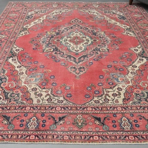 LUXURY DECOR PERSIAN Area Rug, Antique Rug, Rugs for Living Room, Washable, Red Color, Handmade Persian Rug, Vintage Rug, Decor, 9&#39;5x12&#39;6 ft