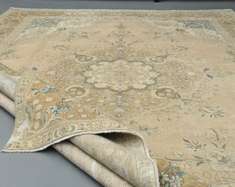 9.6x12.4 Ft Antique Rug, One-of-a-Kind, Vintage Turkish Rug, Faded Rug, Neutral Wool Rug, Orange Green Rug, 10x12 Large Area Rug, Home Decor