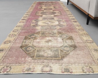 3&#39;4 x 11&#39;8 Ft Turkish Vintage Oushak Runner, Hallway Rug, Handmade Wool Rug, Boho Decor, 3x12 Rug, Kitchen Rug, Bedroom Rug, Pink Rug