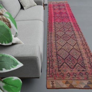 2&#39;6x12&#39;2 ft, TRIBAL TURKISH RUNNER, Vintage Runner, Oushak Runner, Wool Handmade Rug, Pink Runner, Stair Runner, Kitchen Rug, Hallway Rug