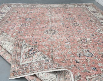 7x9'5 ft, RED BEIGE RUG, Authentic Rug, Shabby Decor, Wool Rug, Handmade Turkish Rug, Vintage Rug, Living Room Rug, Bedroom Rug, Floral Rug