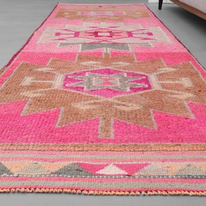 3.2x11.6, HERKI RUNNER RUG, Turkish Runner Rug, Vintage Rug,  Pink Brown Rug, Handmade Rug, Home Decor, Kitchen Runner Decor, Hallway Rug