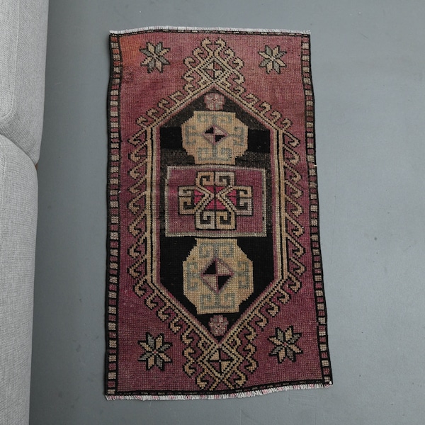 Paillasson turc vintage Oushak Kilim noué à la main 1'7 x 3'', tapis antique 2 x 3'', décoration bohème, tapis de chambre d'enfants, tapis de blanchisserie, tapis de bain
