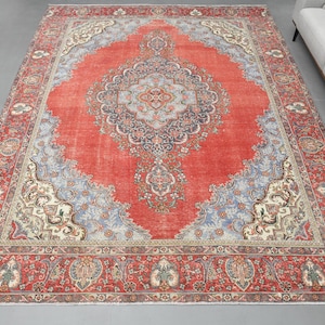 10x13 RED BLUE PERSIAN Area Rug, Floral Rug, Minimalist, Living Room Rug, Washable, Home Decor, Vintage Rug, Dining Room Rug, 9&#39;5x12&#39;6 ft