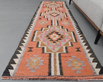 2'6 x 8'7 Ft TURKISH RUNNER RUG, Orange Runner Rug, Handmade Rug, Etsy Rug, Geometric Rug, Runners, Vintage Rug, Bohemian Rug, Tribal Runner