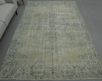 7 x 10 ft handgemaakt bloementapijt, karpet, vintage Turks tapijt, woondecoratie, Oushak-tapijt, wollen tapijt, groen neutraal, handgeknoopt, cadeautapijt voor thuis