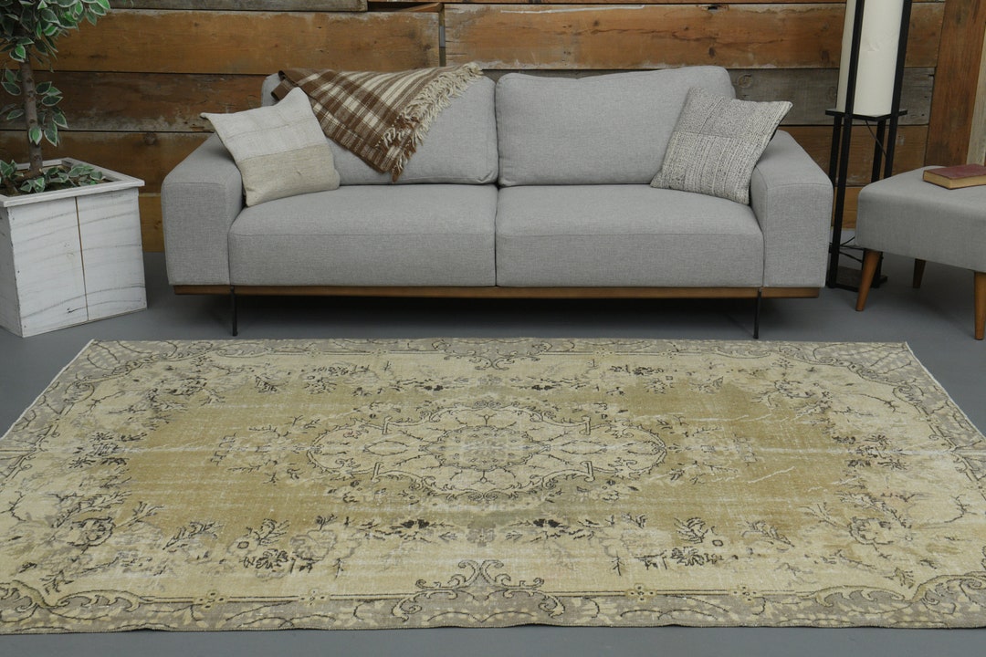 6'2 X 8'9 Ft Vintage Wool Living Room Rug, Free Shipping, Neutral 6x9