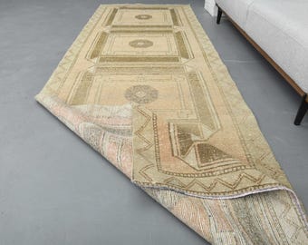 Alfombra de pasillo estilo bohemio geométrico turco de 1,19 x 3,70 m, alfombra vintage, alfombra de lana Oushak, alfombra para escaleras, lavable, desteñida, decoración del hogar