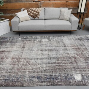 6'6 x 10' Ft Vintage Area Rug for Bedroom, Living Room, Dining Room, Office, Kitchen, Gray, Blue, Oushak Rug, Solid Rug, Handmade Rug