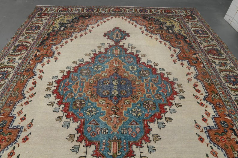 10x14 Ft, White Turkish OUSHAK Area Rug, Vintage Rug, Handwoven Rug ...