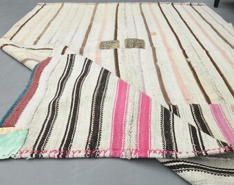 4,2 x 6,2 ft, VINTAGE TURKISH kilim vloerkleed, keukentapijt, slaapkamertapijt, ivoorkleurig kelimtapijt, eetkamertapijt, wasbaar, beige rozebruin vloerkleed