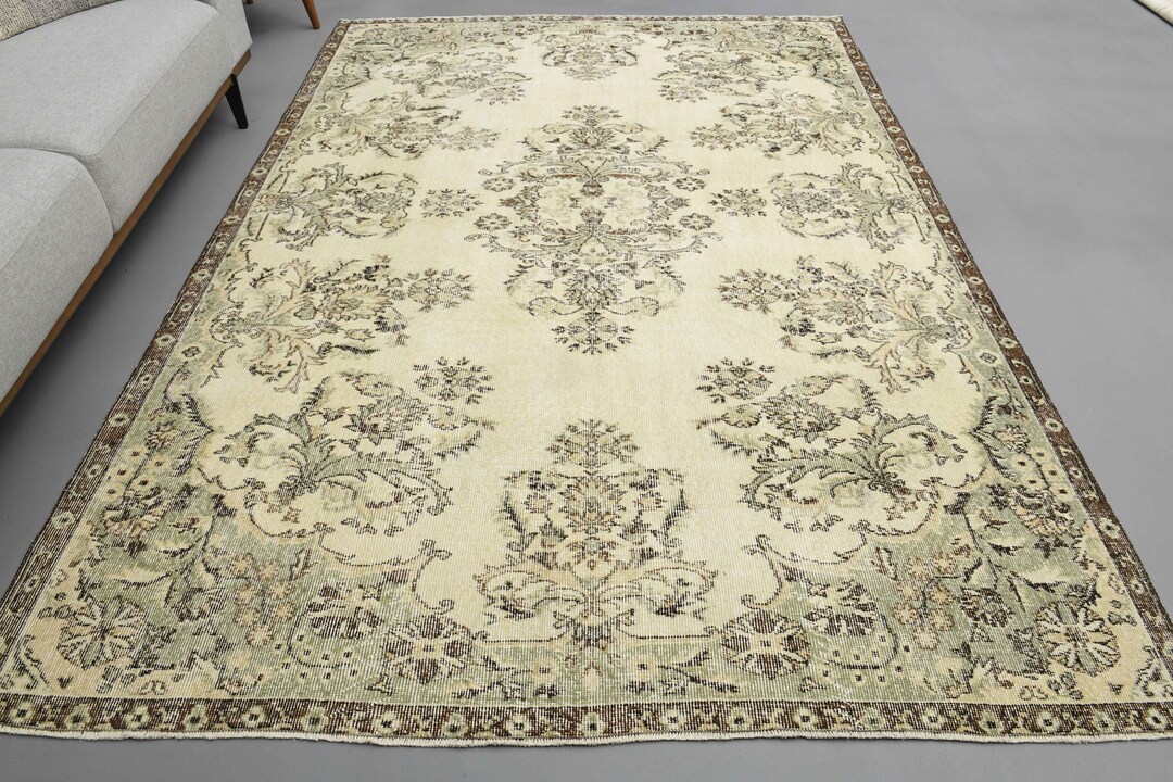 6'6 X 9'3 Ft Wool Beige Rug, Bedroom Rug, Living Room Rug, Dining Room ...
