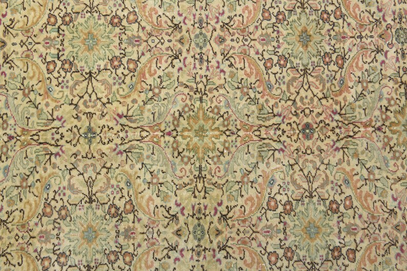May include: A beige rug with a detailed floral pattern in shades of brown, pink, and blue. The rug has a symmetrical design with a central medallion.
