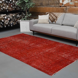 5&#39;4 x 9&#39;4 Ft Vintage Solid Red Area Rug, Turkish Area Rug, Oushak Area Rug, 5x9 Rug, Living Room Rug, Room Decor, Wool Rug, Bohemian Rug