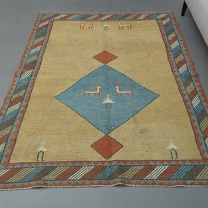 5x6 Turkish Area Rug, Vintage Rug, Amber, Mustard, Gold, Geometric Rug, Home Decor, Oushak Rug, Antique Rug, Bohemian, Wool Rug, Home Decor