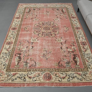 6.5x10.5 Ft Turkish Vintage Rug, Antique Rug, Living Room Rug, 6x10 Area Rug, Pink Beige Wool Carpet, Large Rug, Distressed Rug, Oushak Rug