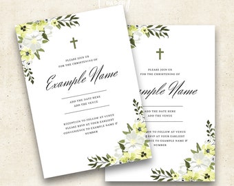 Modèle floral d'invitation de baptême : faire-part de baptême modifiable (numérique)