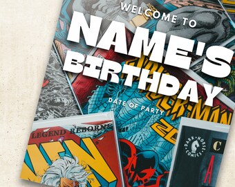 Panneau de bienvenue pour fête d'anniversaire pour enfants, thème de super-héros de bande dessinée "Marvel" (modèle A3 modifiable)