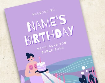 Panneau de bienvenue pour fête d'anniversaire pour enfants thème sirène rose violet lilas (modèle A3 modifiable)