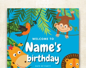 Fête d'anniversaire pour enfants Panneau de bienvenue Animaux de dessin animé sur le thème de la jungle (modèle A3 modifiable)
