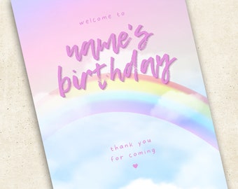 Plaque de bienvenue anniversaire licorne arc-en-ciel : modèle A3 modifiable