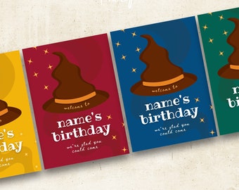 Panneau de bienvenue pour fête d'anniversaire pour enfants, thème « Harry Potter », maisons de Poudlard (modèle A3 modifiable)