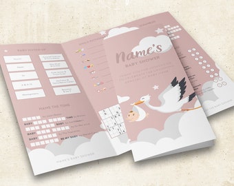Volantino con giochi per baby shower in rosa antico (modello modificabile personalizzato A4 ripiegabile)