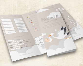 Volantino con giochi per baby shower in beige neutro (modello modificabile personalizzato A4 ripiegabile)