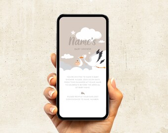 Invito digitale per baby shower digitale marrone beige neutro (modello di invito con dimensioni dello schermo personalizzate modificabili)