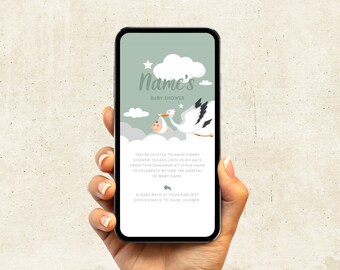 Invito per baby shower digitale verde salvia (modello di invito con dimensioni dello schermo personalizzate modificabili)