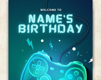 Fête d'anniversaire pour enfants Panneau de bienvenue Gamer Gaming Thème Adolescents Xbox Plyastation (Modèle A3 modifiable)