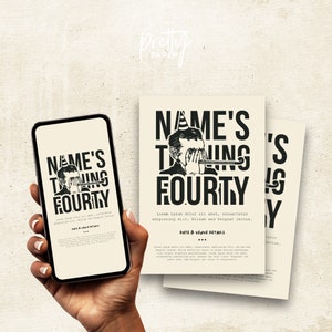 May include: A printable birthday party invitation featuring a black and white illustration of a person wearing a party hat and covering their eyes with their hands. The text on the invitation reads "NAME'S TURNING FOURTY".