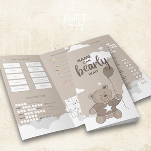 Ulotka z grami na Baby Shower w neutralnym beżu „Nie możemy się doczekać” z motywem misia (składany na trzy części, spersonalizowany, edytowalny szablon A4)