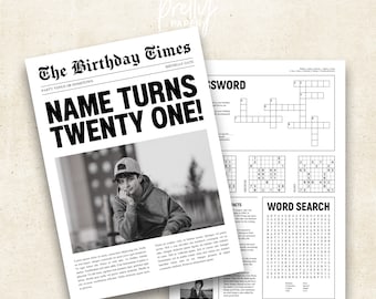 Plantilla de periódico para 21 cumpleaños: Juegos de fiesta editables en Canva (Descarga digital, tamaño A4)