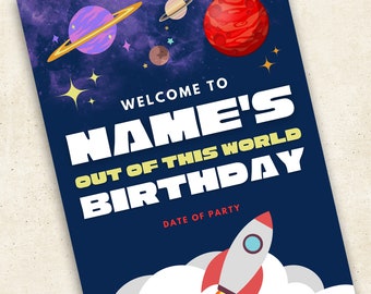 Panneau de bienvenue d'anniversaire dans l'espace : planètes, fusée, galaxie (modèle A3 modifiable)