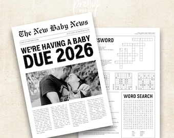 Modello di giornale per annuncio di gravidanza: giochi per baby shower, formato A4 modificabile (decorazioni di intrattenimento personalizzate)