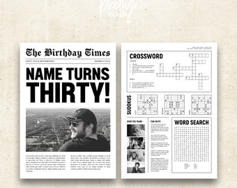 Plantilla imprimible de periódico para 30 cumpleaños (Canva, tamaño A4, editable)