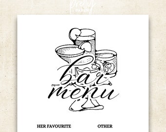 Menu du bar, cocktails His & Hers, signalisation de mariage imprimable, modèle modifiable A5 (papeterie modifiable personnalisée)