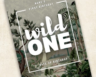 Panneau de bienvenue pour fête d'anniversaire pour enfants Wild One Theme Jungle Animals Floral (Modèle A3 modifiable)