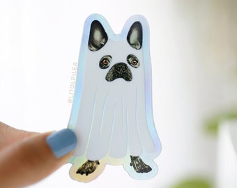 Adesivo olografico fantasma di bulldog francese / adesivo cane di Halloween, adesivo cane carino, adesivo frenchie, adesivo fantasma, regalo per amanti dei cani, laptop