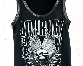 Journey ….one of a kind…womens top with vegan leather detailing in the neckline and armholes.  Size Medium